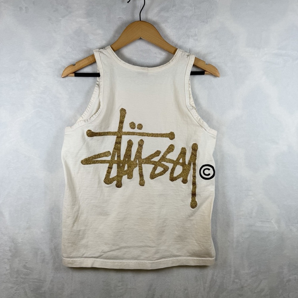 Vintage Stussy USA White Sleeveless Tank Top Shine Golden Logo Men's Size M